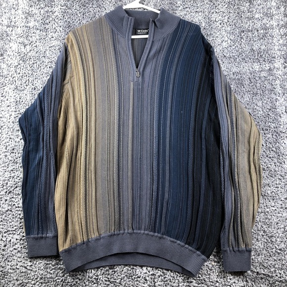 St Croix Sweater Mens Large Blue Striped Knit 1/4 Zip Mock Neck Pullover USA - Picture 2 of 10